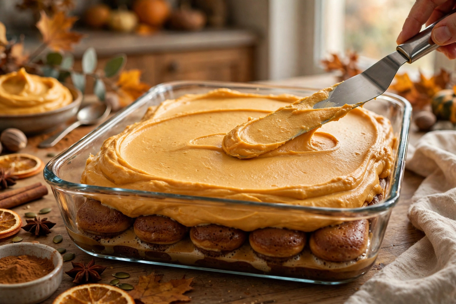 Spreading pumpkin mascarpone cream over espresso-soaked ladyfingers