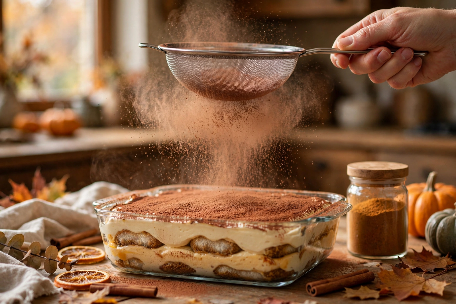 Dusting cocoa powder and pumpkin spice over the chilled tiramisu