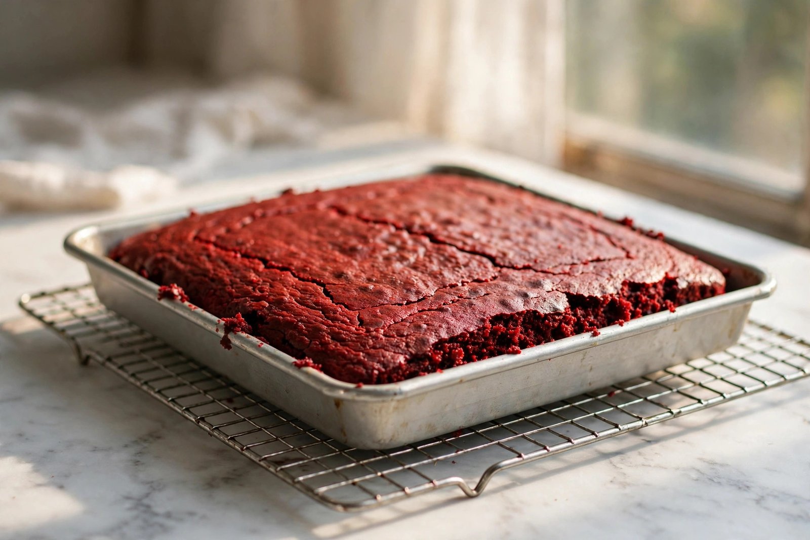 Freshly baked red velvet sheet cake cooling on a wire rack