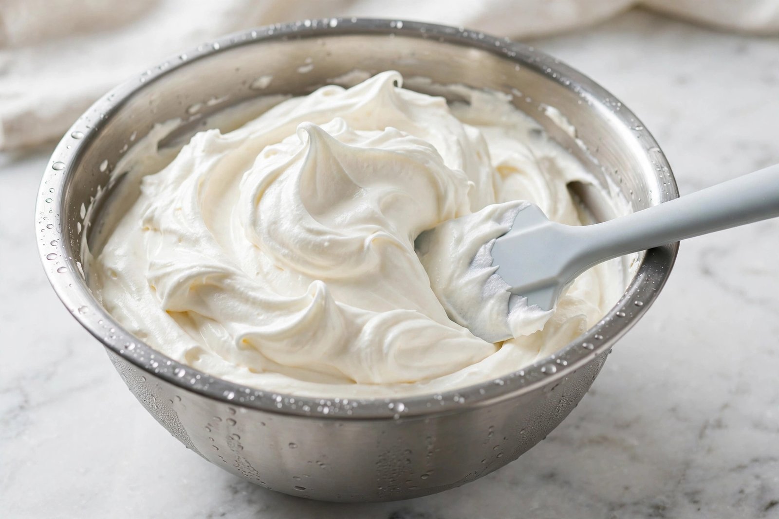 Billowy whipped cream with glossy peaks being folded in a chilled metal bowl