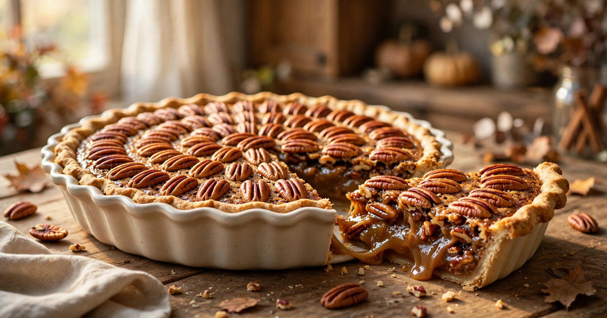 Gordon Ramsay southern pecan pie recipe: whole golden pecan pie with spiral pecans in a pie dish