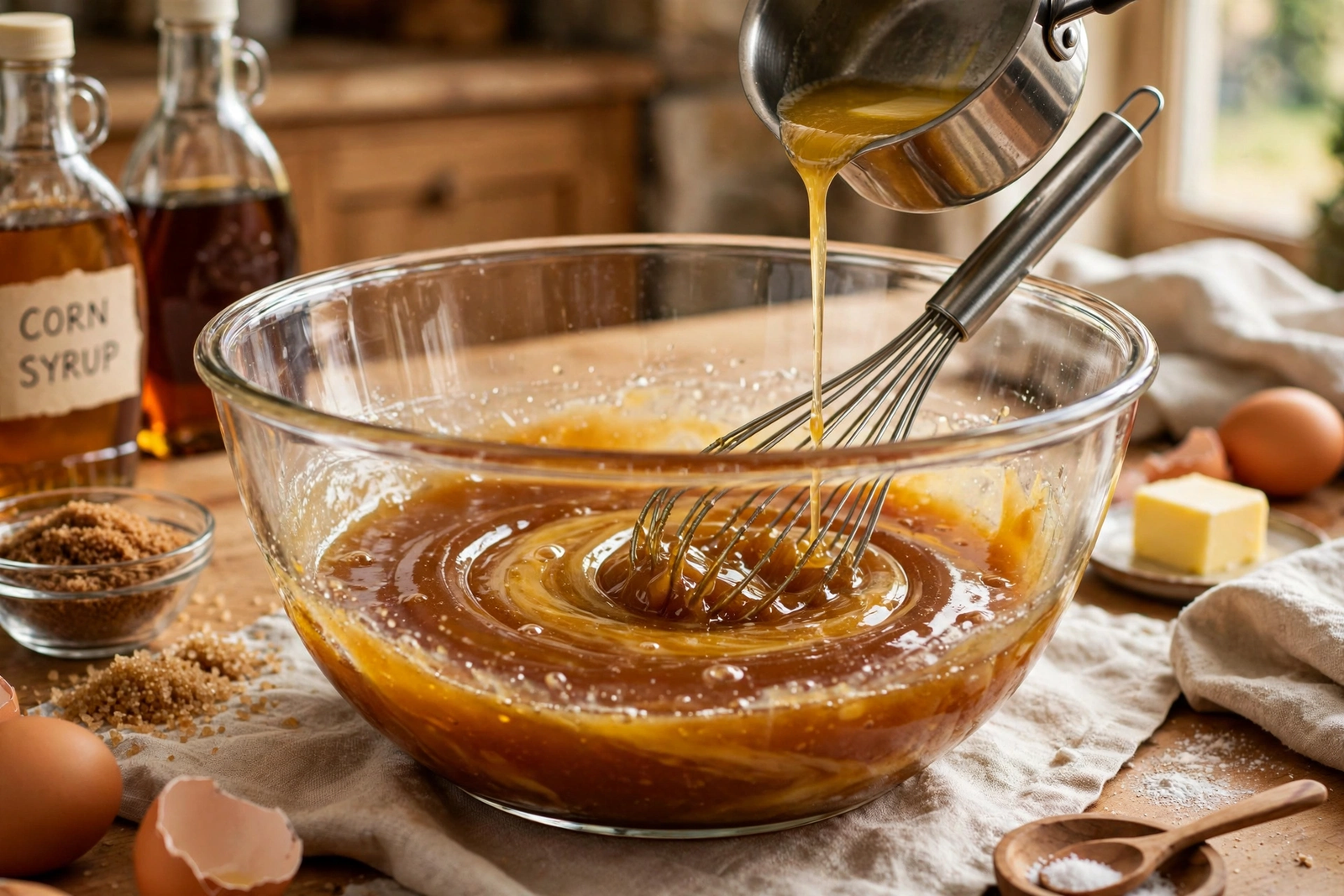 Whisking glossy brown-sugar and corn syrup pecan pie filling in a glass bowl
