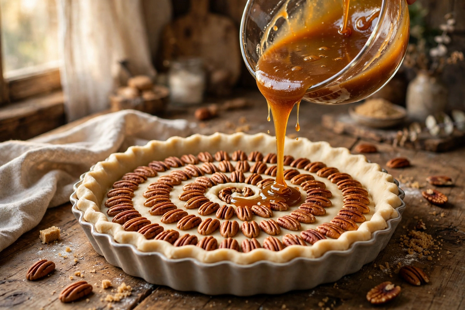 Pouring amber pecan pie filling over spiral-arranged pecans in an unbaked pie crust