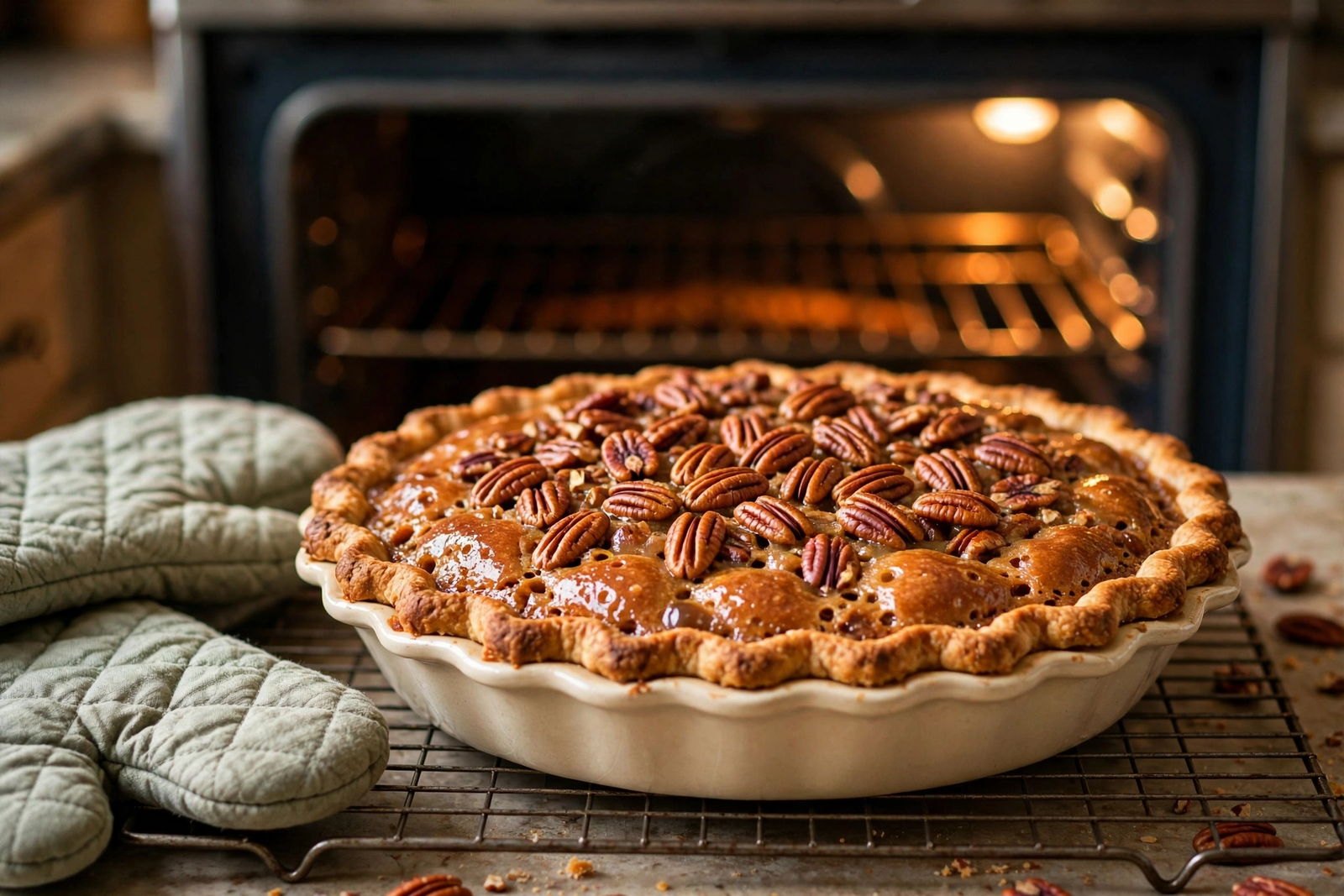 Golden-brown baked southern pecan pie cooling on a wire rack by the oven