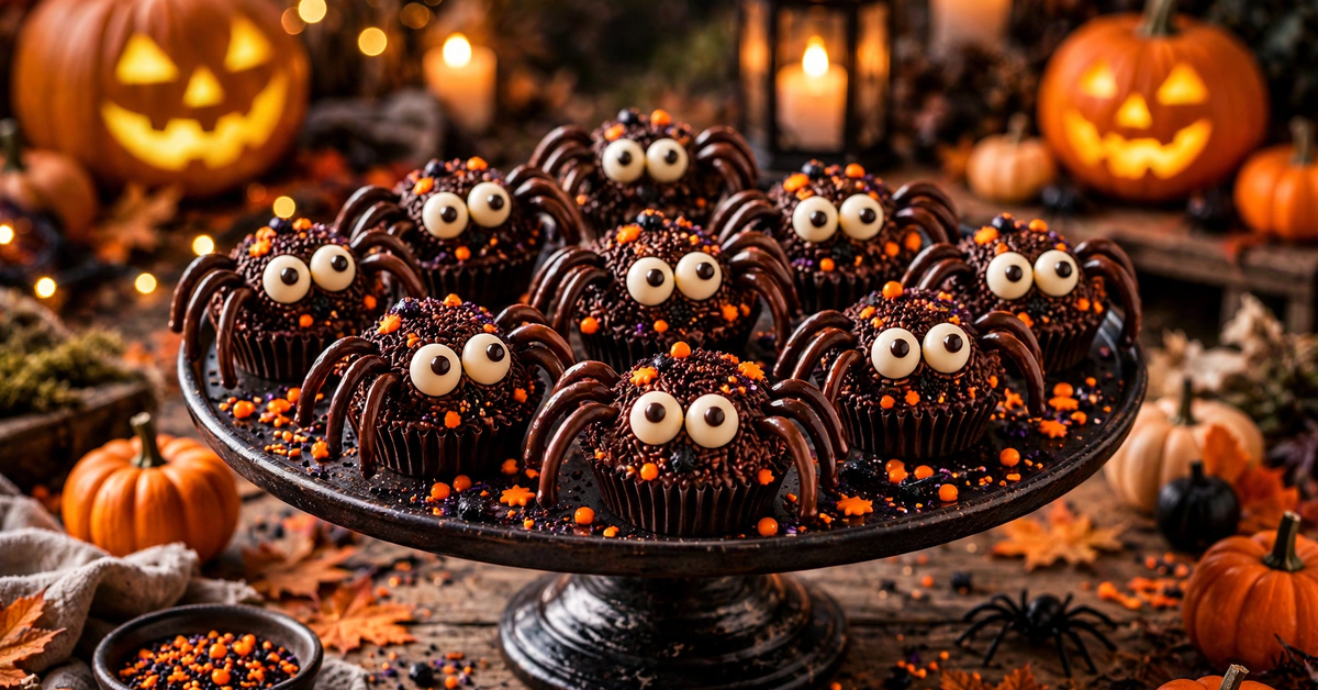 Spooky chocolate spider treats: chocolate cupcakes with sprinkle domes, chocolate legs and candy eyes.