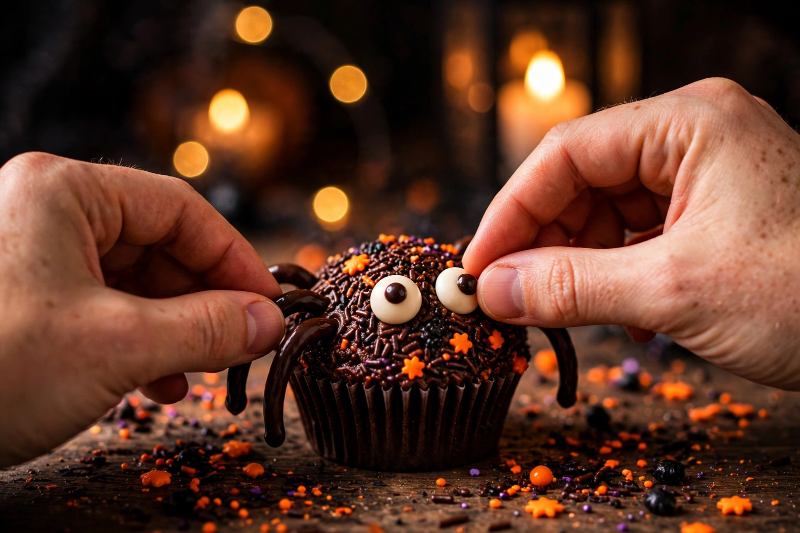 Pressing chocolate legs and candy eyes into a sprinkle-coated spider cupcake