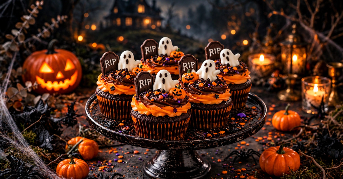 Spooky ghost cupcake Halloween display with meringue ghosts and tombstone cookies.