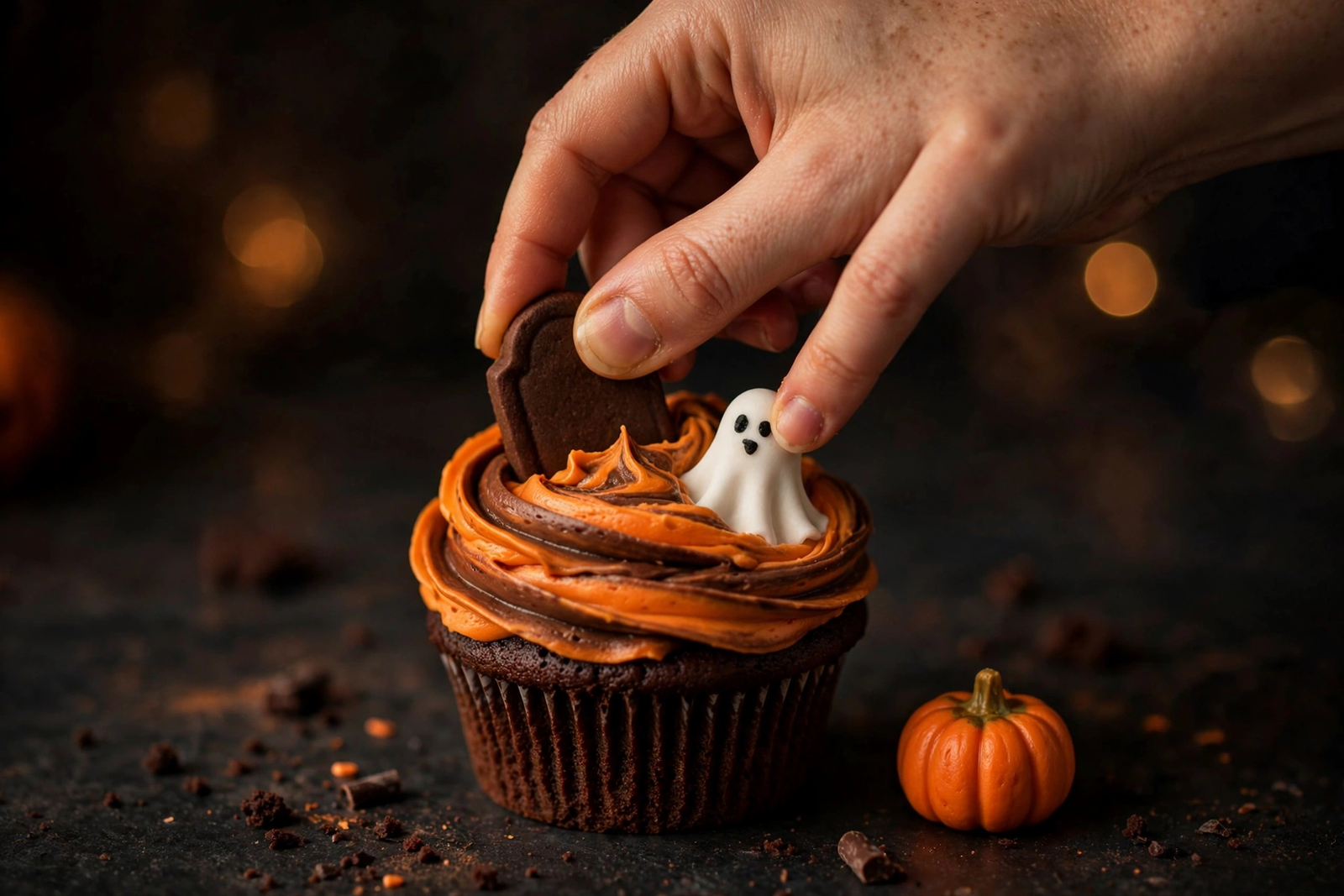Placing meringue ghost and RIP tombstone cookie decorations on frosted cupcakes