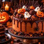 Spooky Halloween chocolate cake with ganache drip, decorated with pumpkins, ghosts, spiders and orange sprinkles