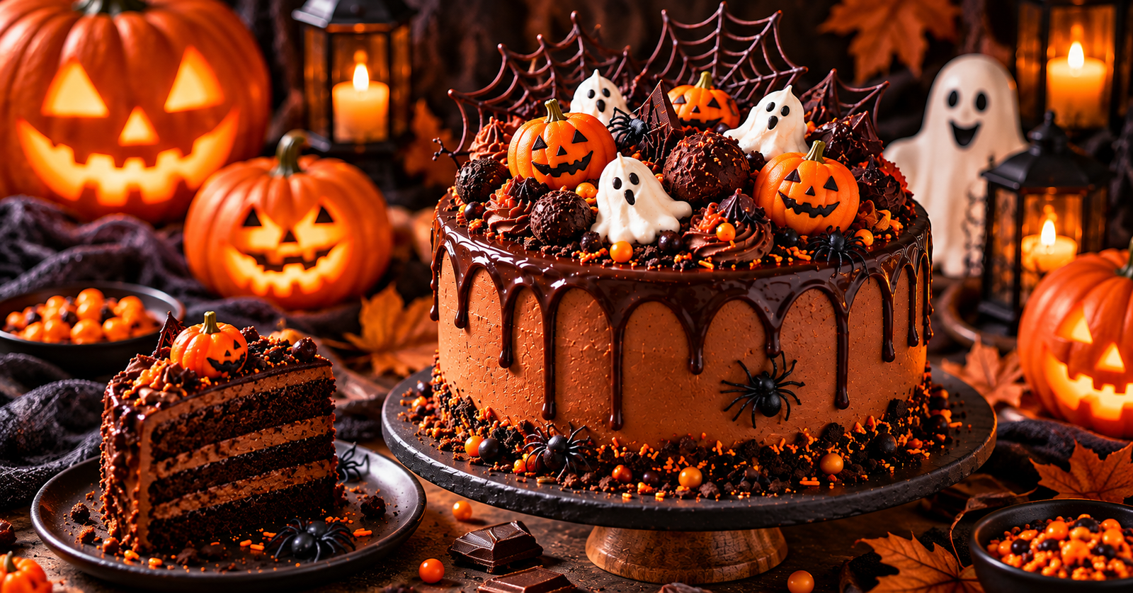 Spooky Halloween chocolate cake with ganache drip, decorated with pumpkins, ghosts, spiders and orange sprinkles