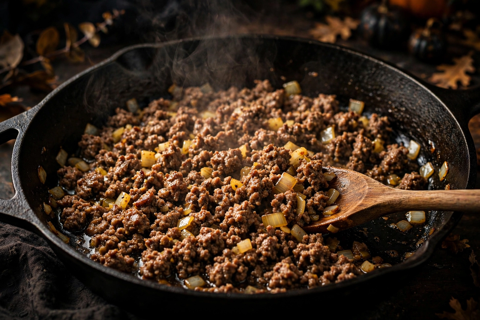 Browning seasoned ground beef with diced onion in a skillet