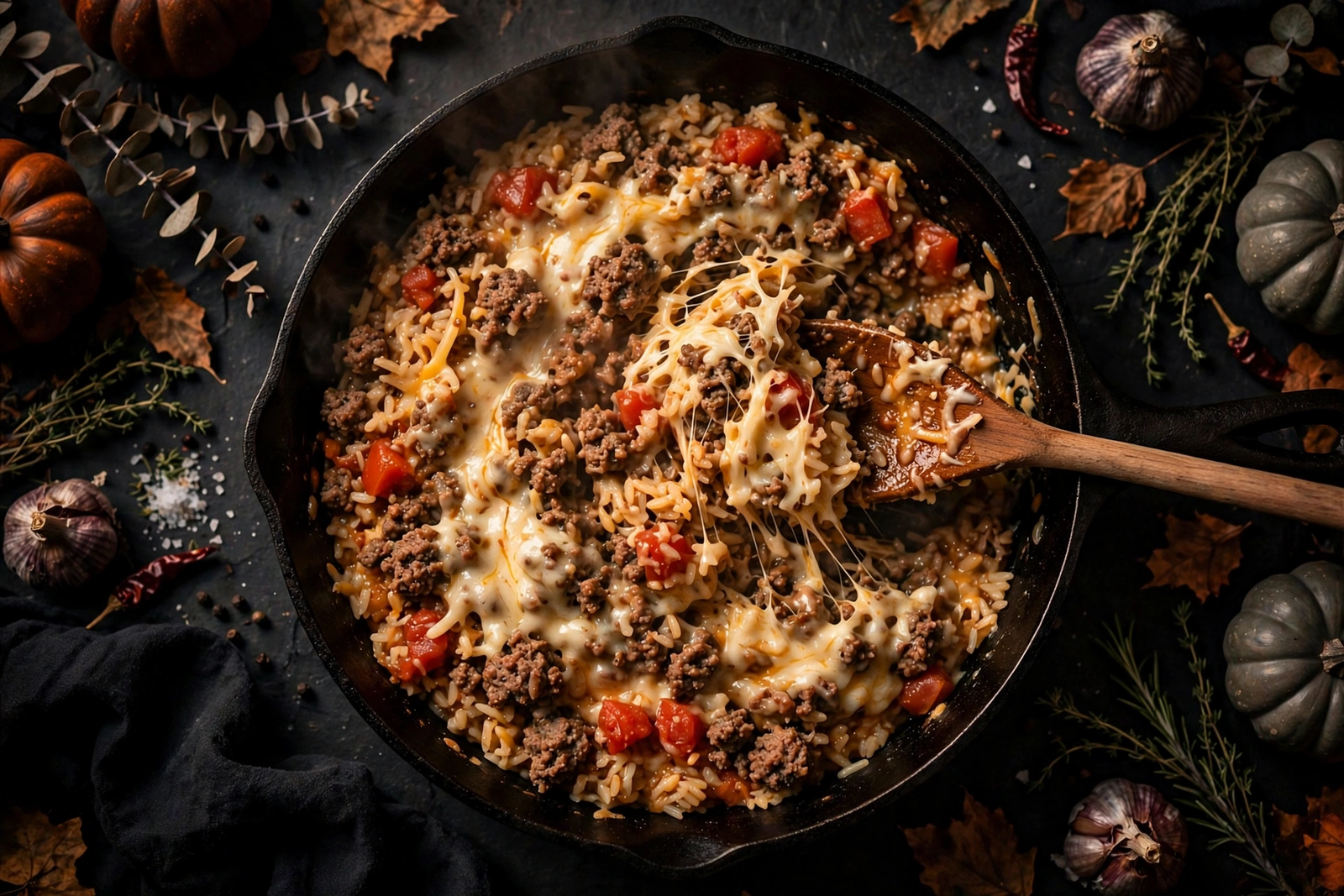 Mixing cooked rice, tomatoes and cheese into the beef filling