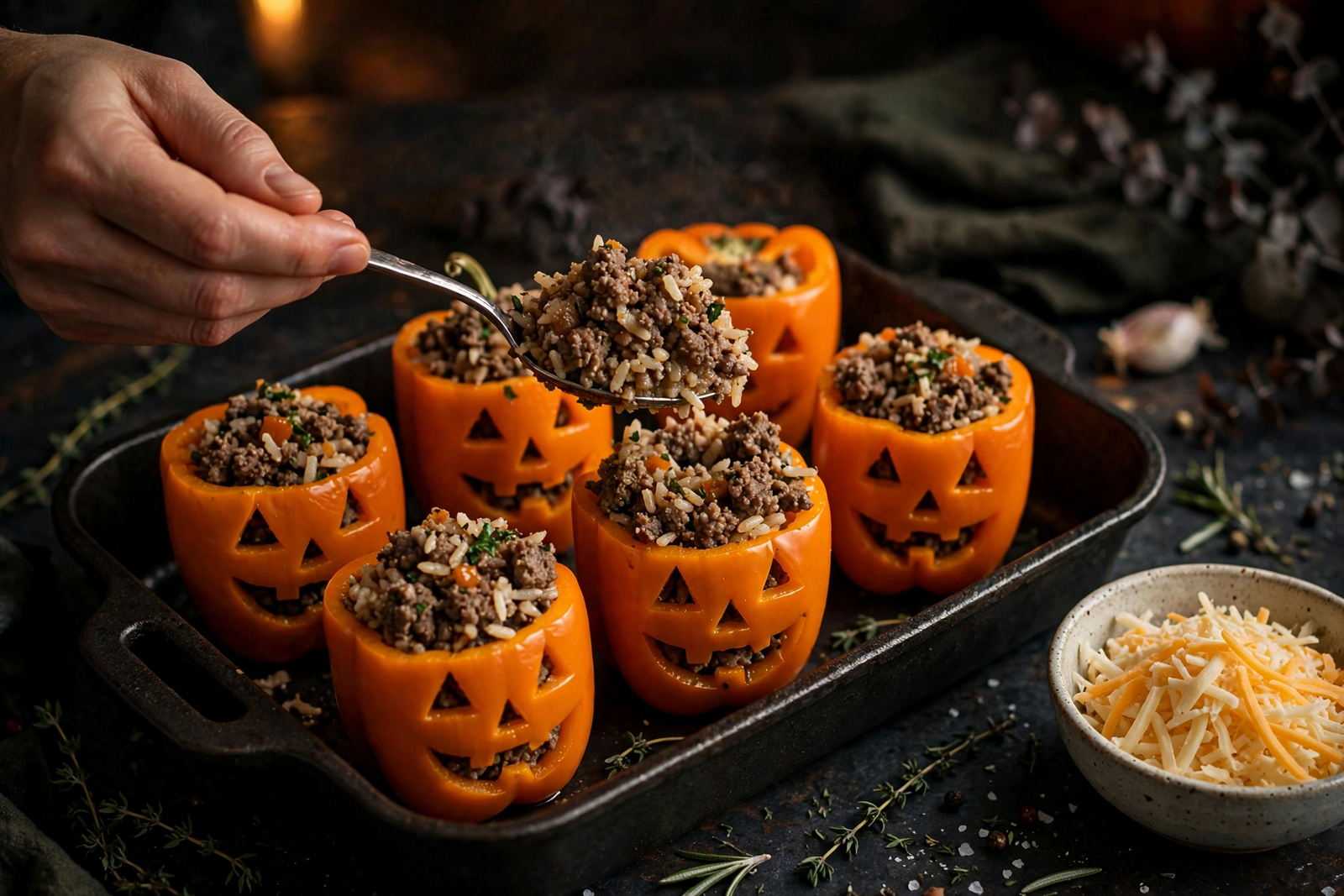 Stuffing carved mini peppers with the beef and rice filling