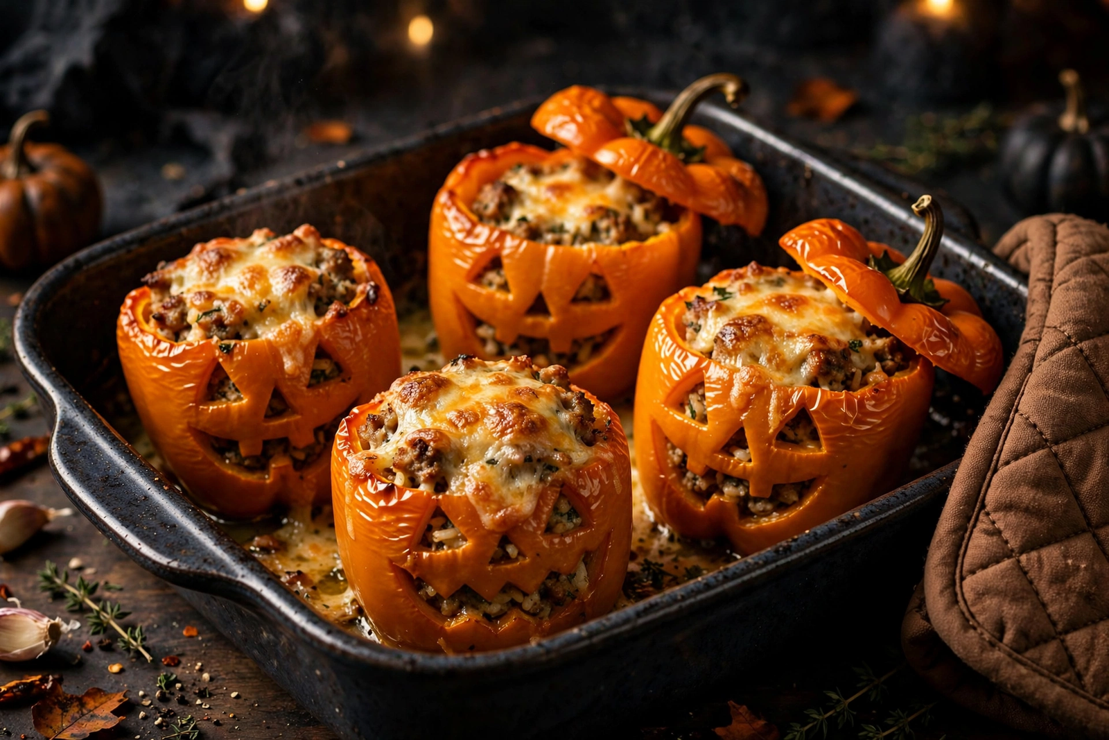 Baked stuffed jack-o'-lantern peppers with golden melted cheese