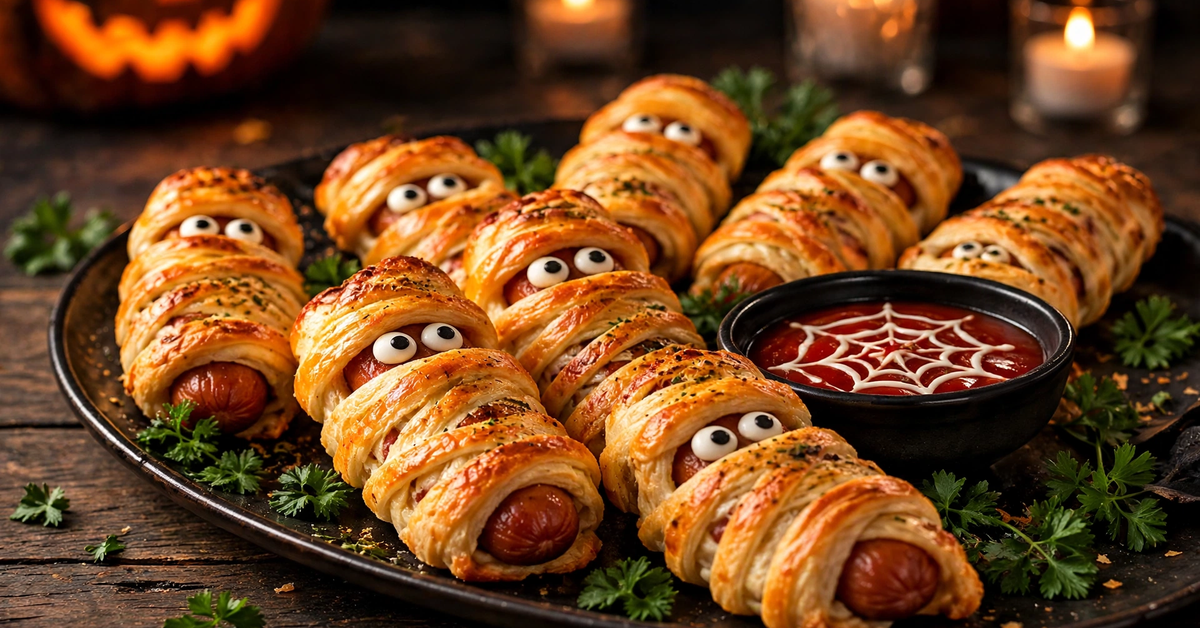 Spooky mummy sausage platter: sausages wrapped in golden puff pastry with candy eyes and spiderweb dip