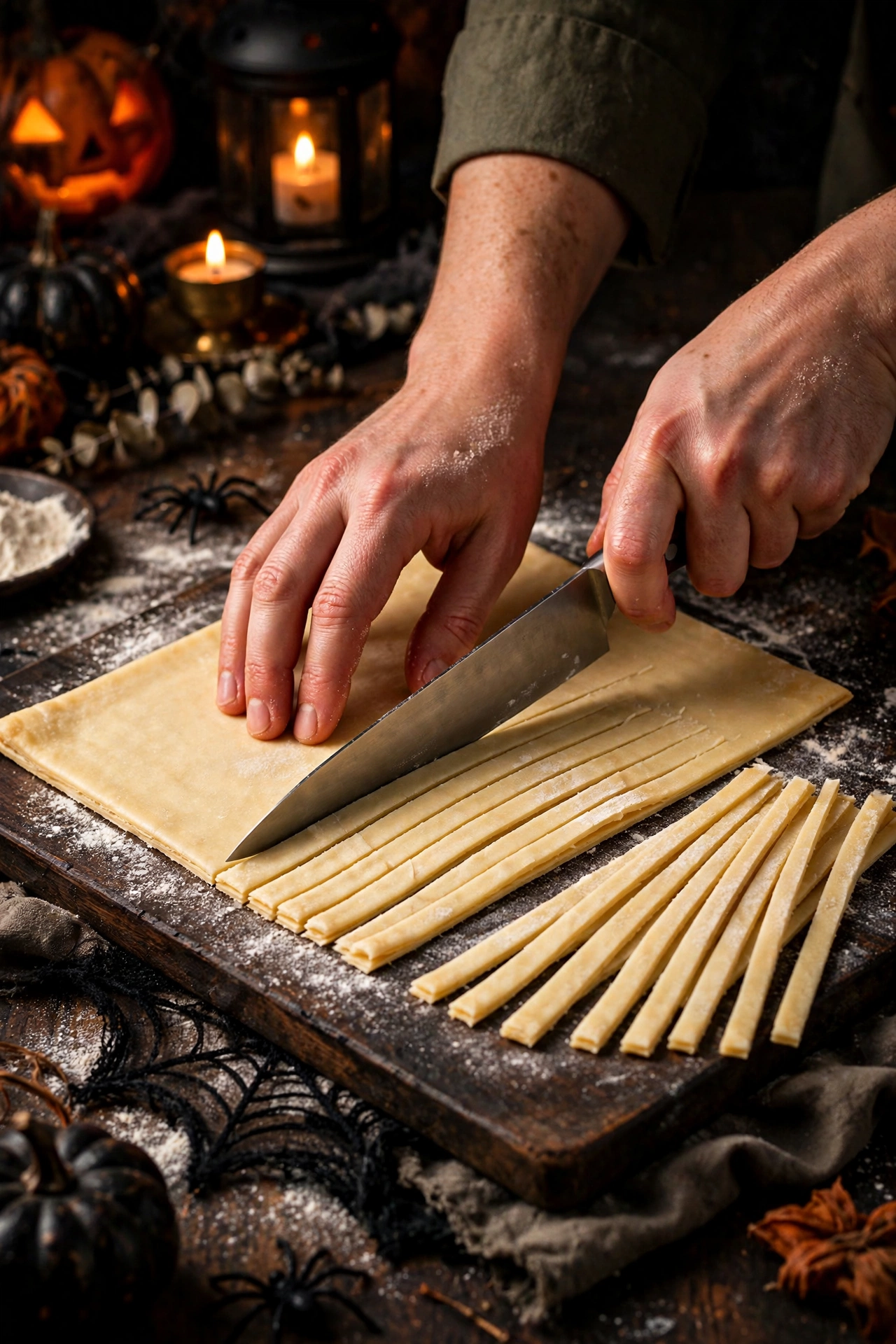 Winding a puff pastry strip around a sausage like mummy bandages