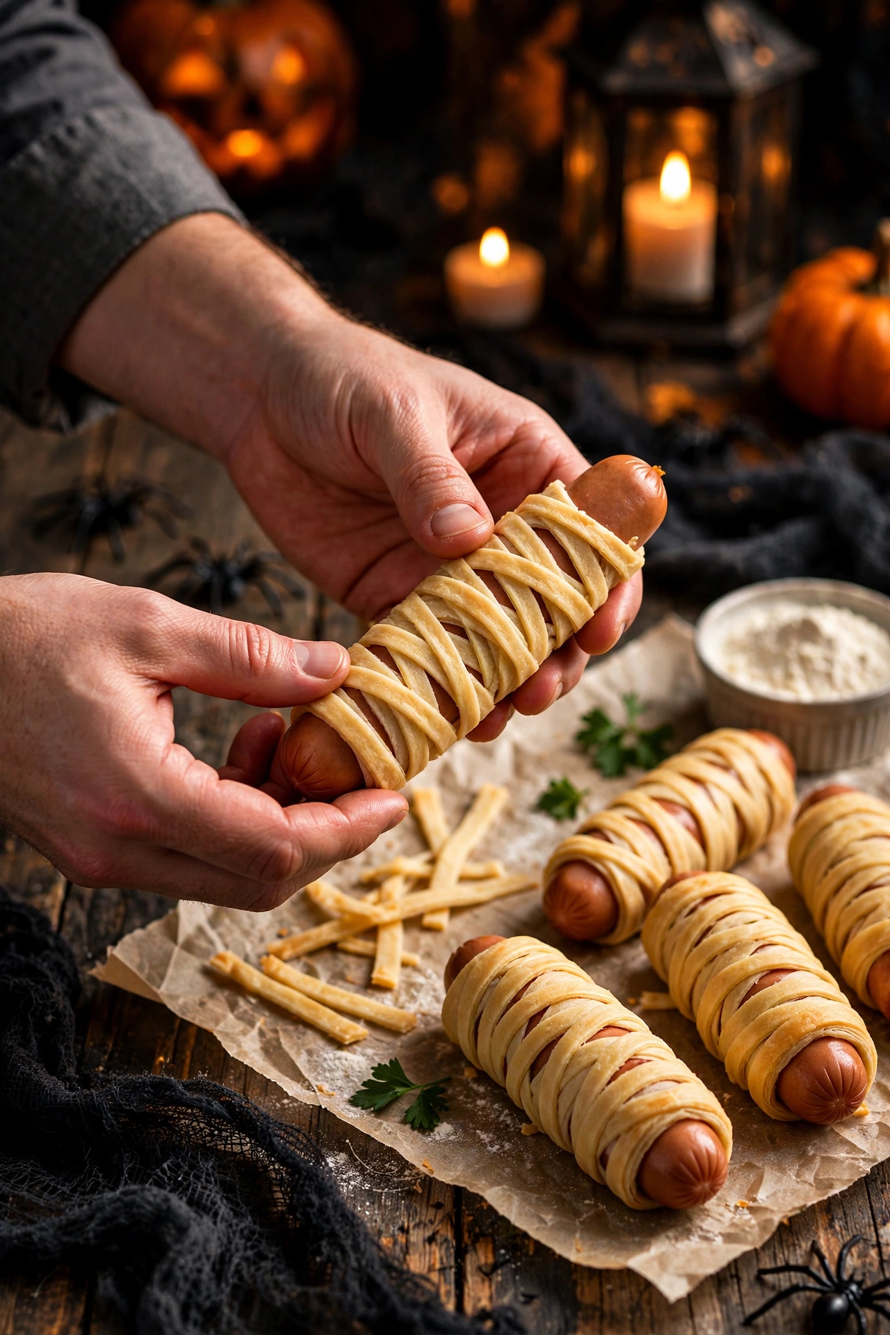 Brushing egg wash over pastry-wrapped mummy sausages on a baking tray