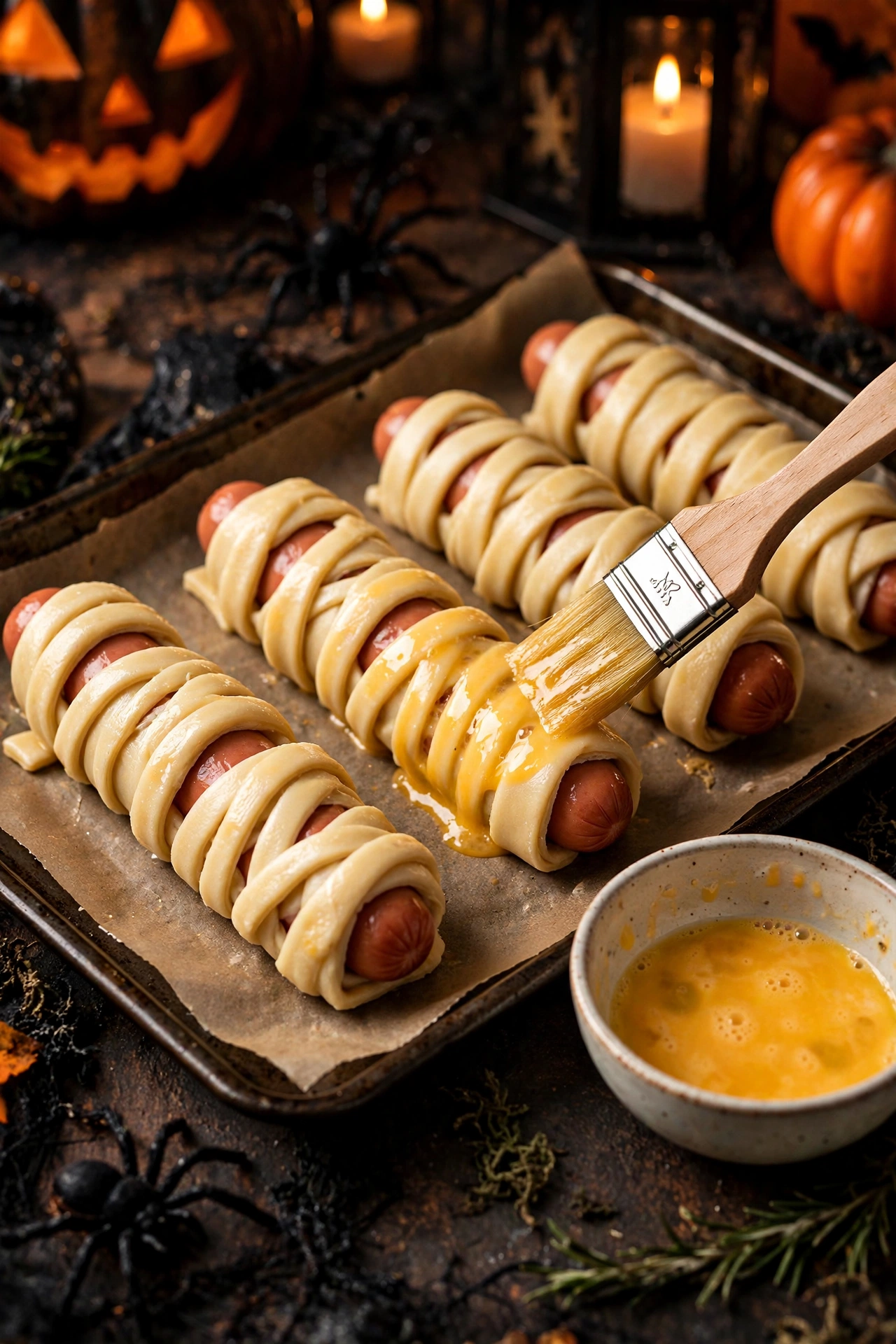 Golden baked mummy sausages fresh from the oven on parchment paper