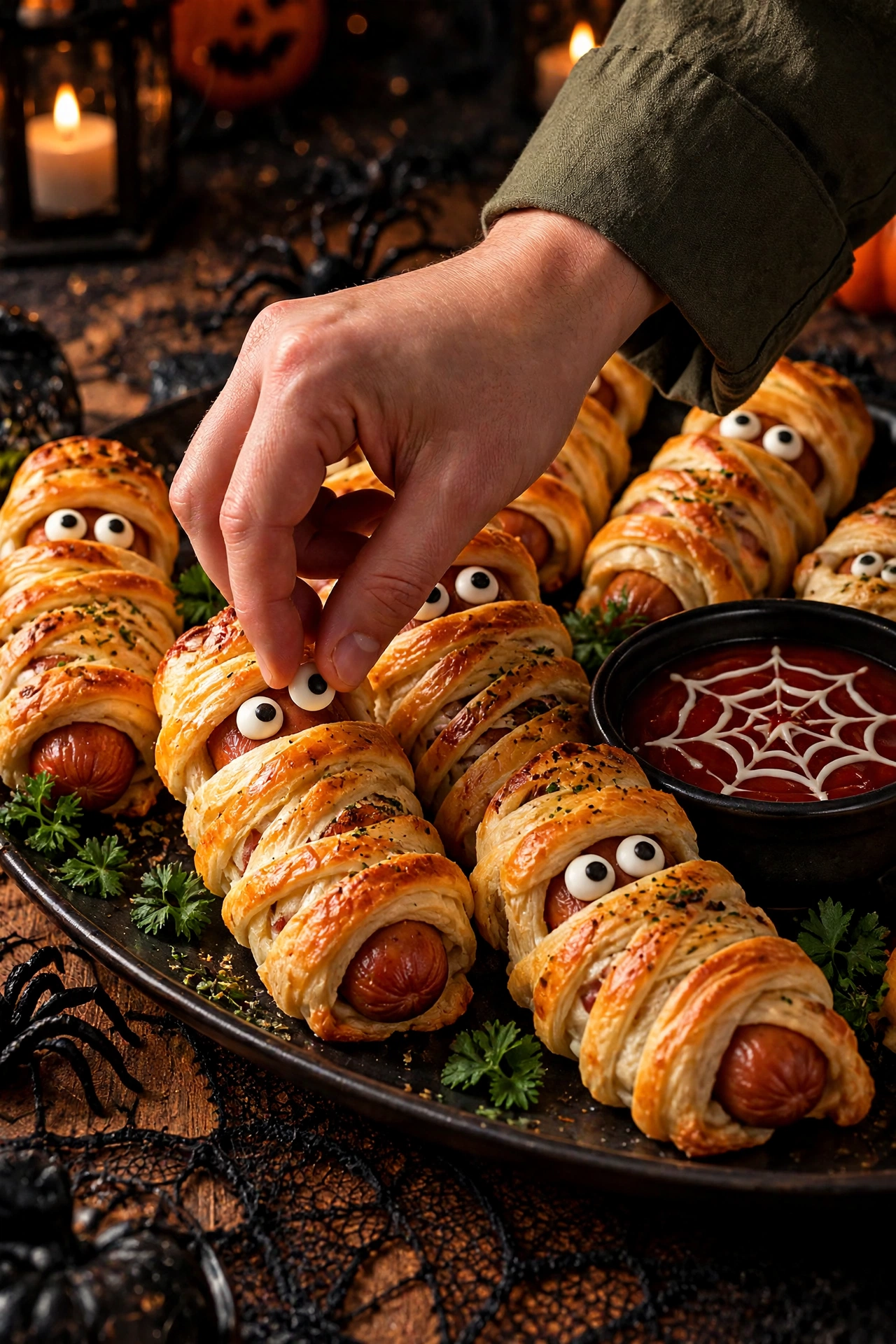 Pressing candy eyes onto baked mummy sausages arranged on a serving platter
