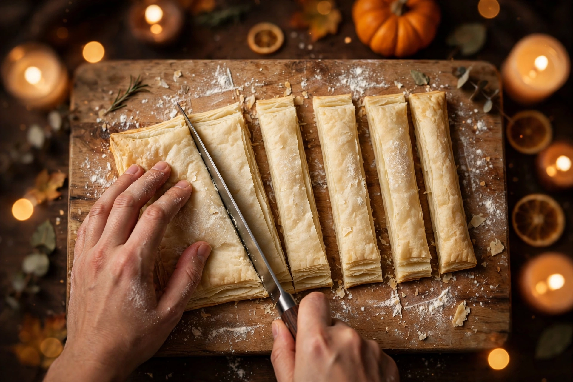 Cutting puff pastry sheets into long strips for witch fingers