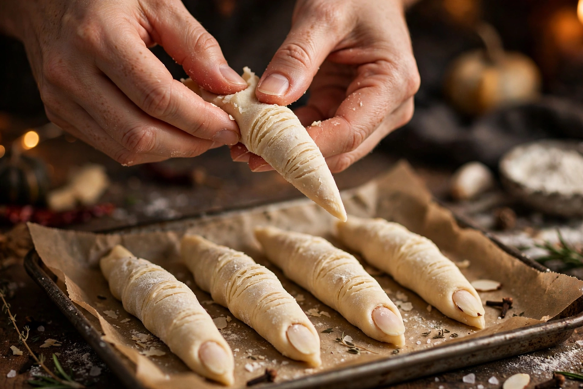 Shaping puff pastry strips into tapered witch fingers with scored knuckles
