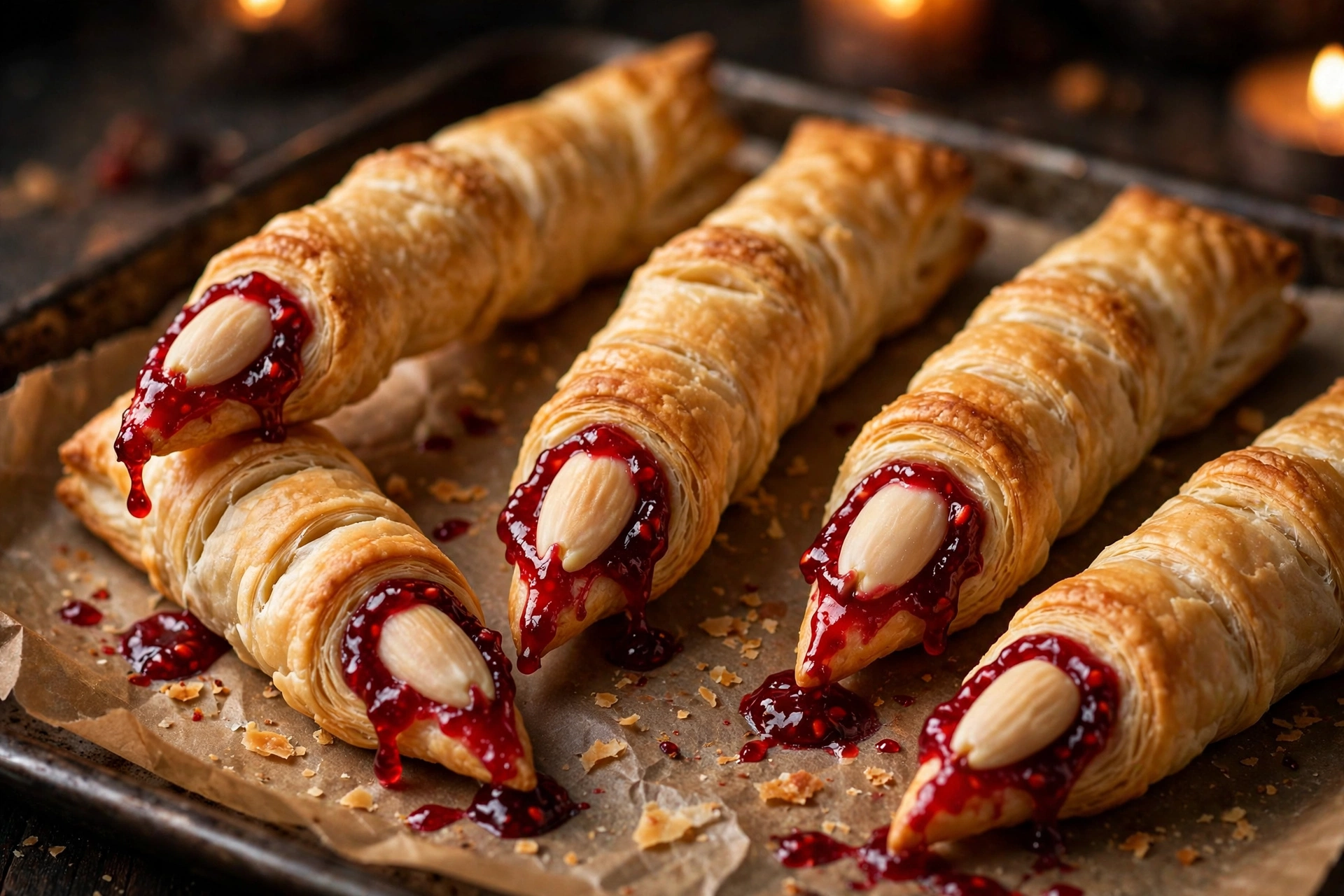 Pressing almond nails onto pastry fingers with raspberry jam blood