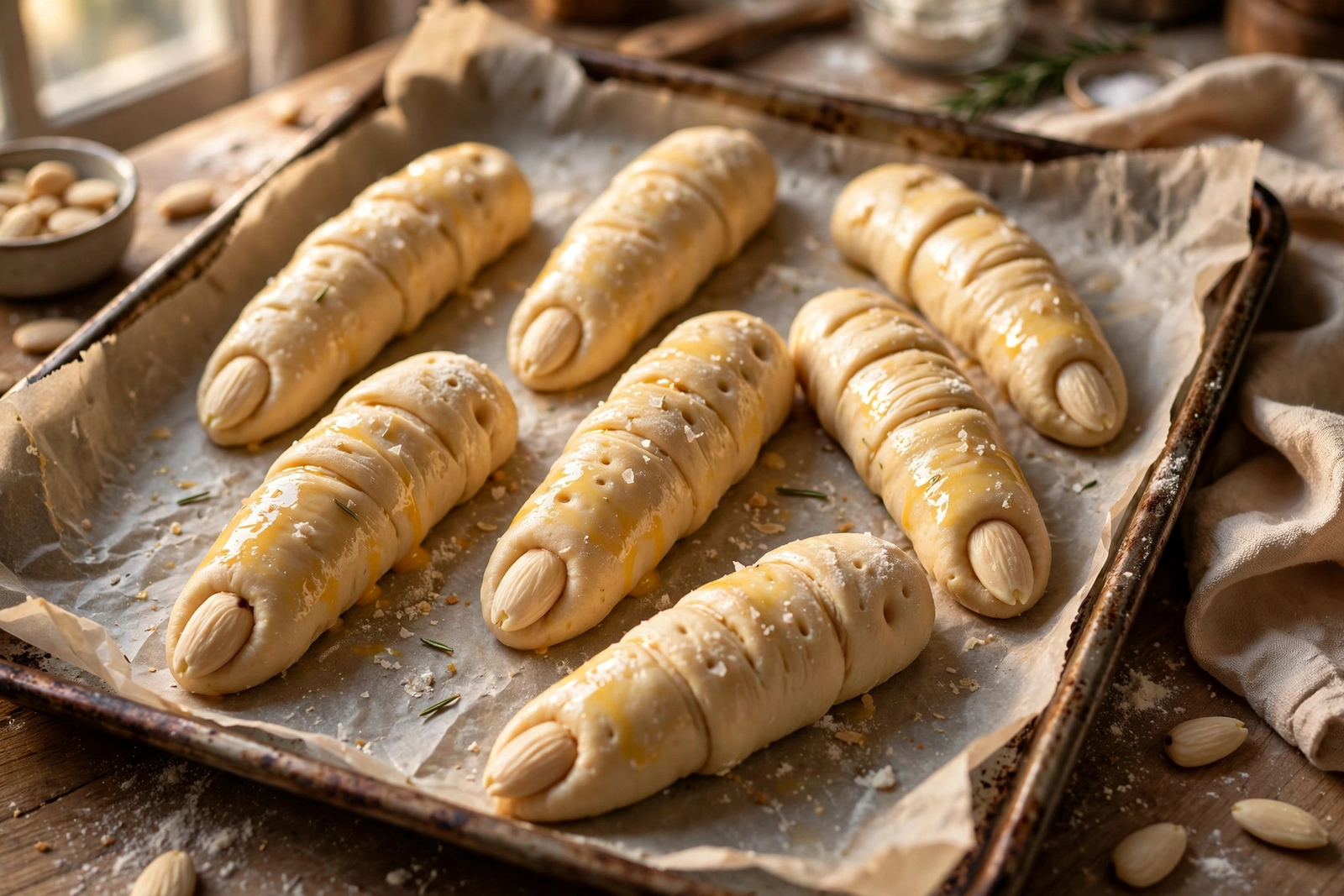 Brushing egg wash over shaped witch fingers before baking