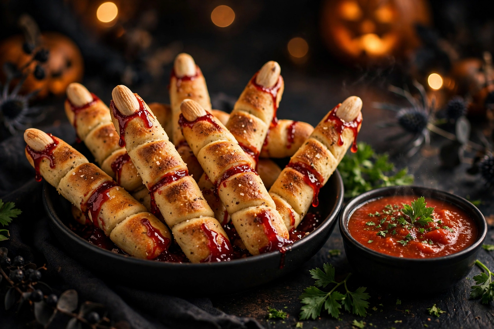 Piling witch fingers into a cauldron bowl with blood-red dipping sauce