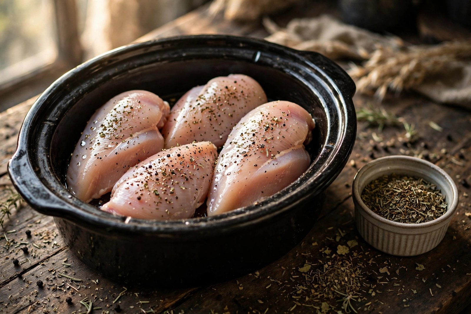 Seasoned raw chicken breasts arranged in a black slow cooker crock with cracked pepper and herbs