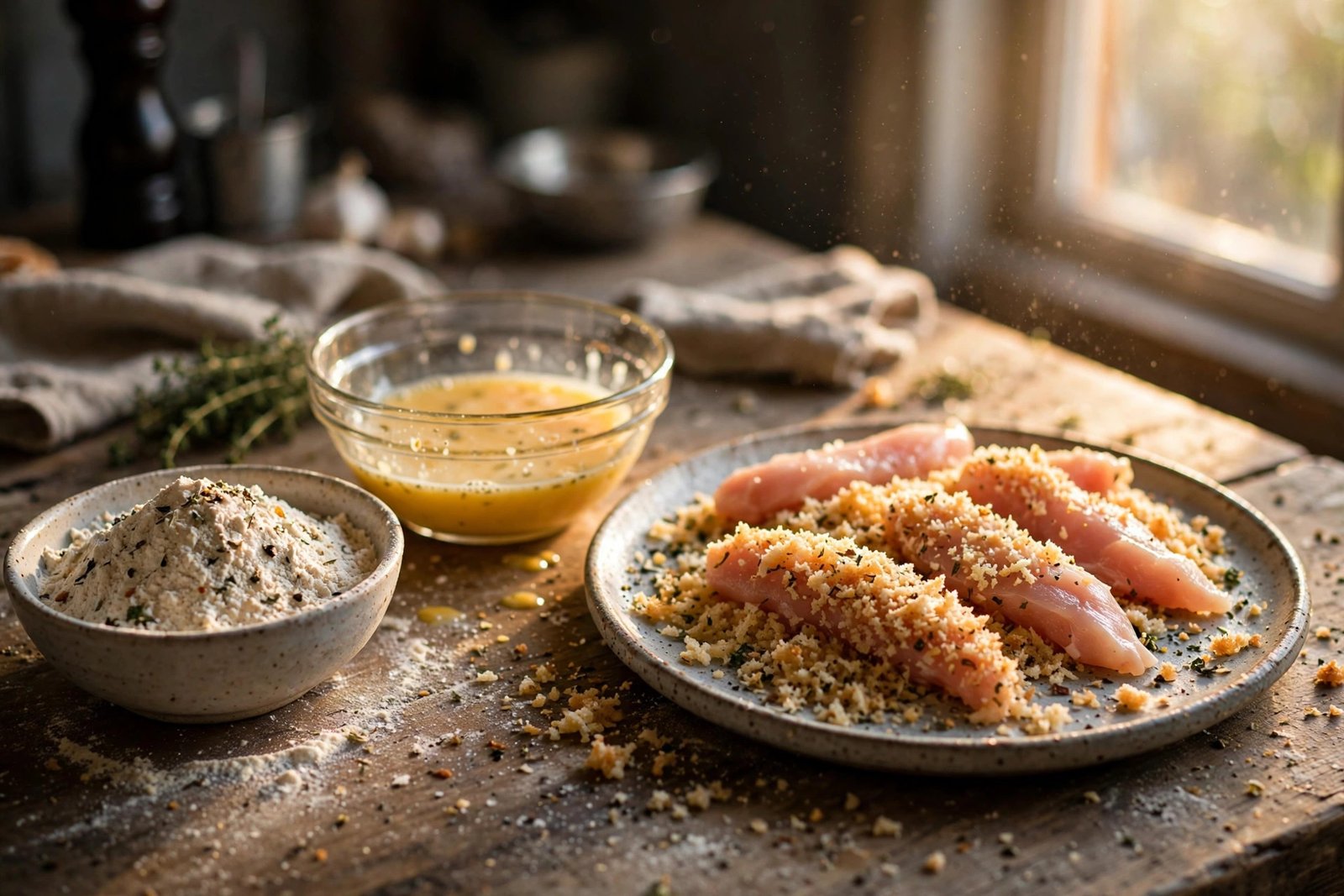 Chicken strips being dredged through seasoned panko breadcrumbs with flour and egg wash bowls for crispy chicken cheese wraps