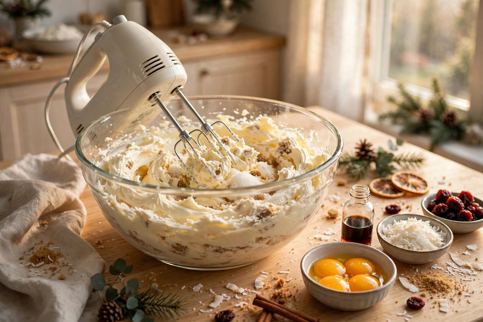 Hand mixer creaming butter and sugar pale and fluffy in a glass bowl for coconut cherry cookies