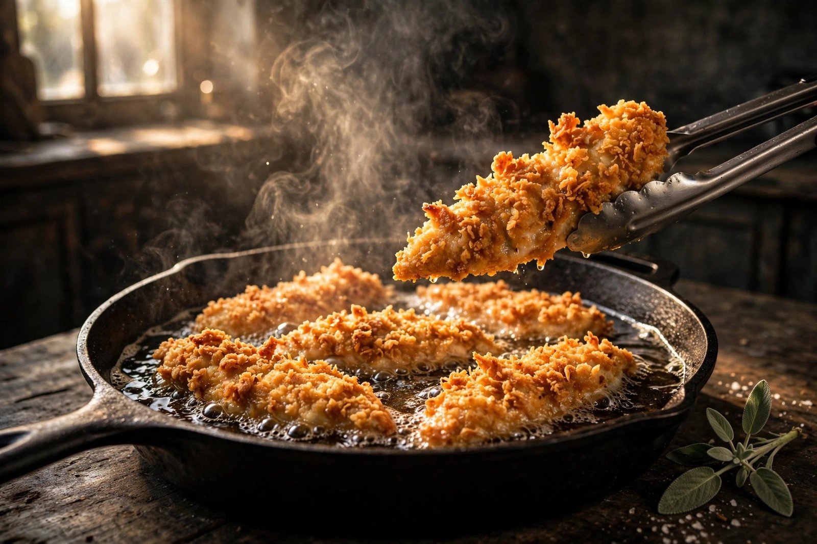 Golden crispy chicken tenders frying in a cast-iron skillet with bubbling oil and backlit steam