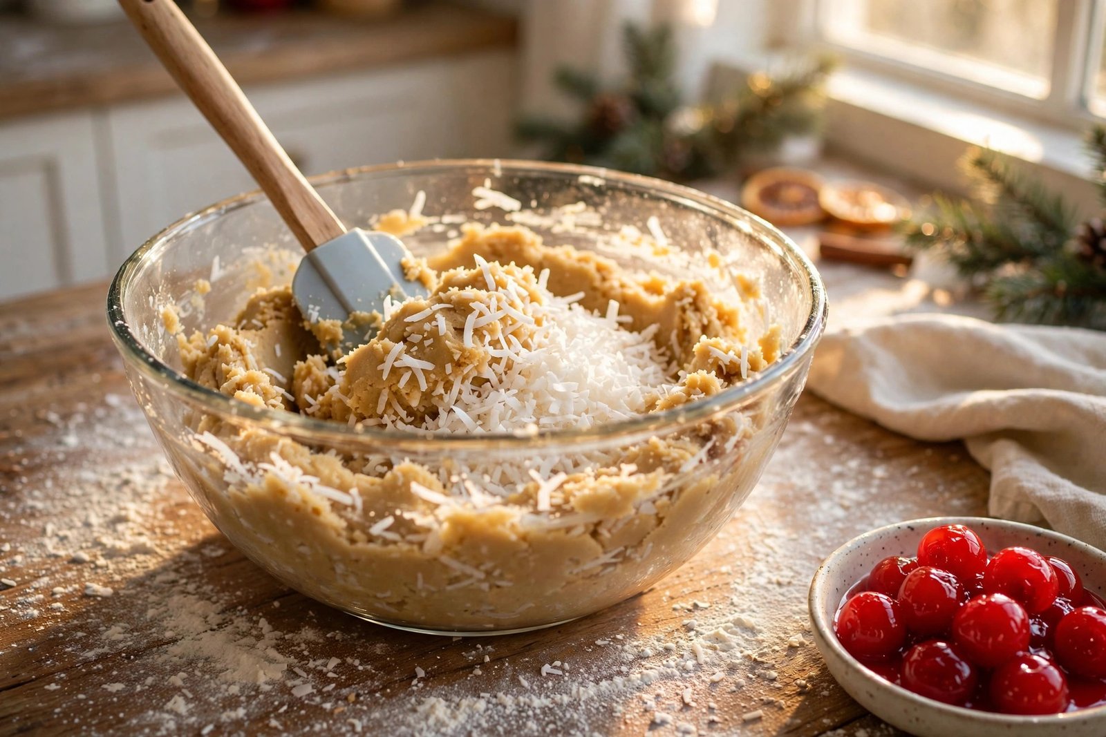 Shredded coconut being folded into buttery cookie dough with a spatula in a glass bowl