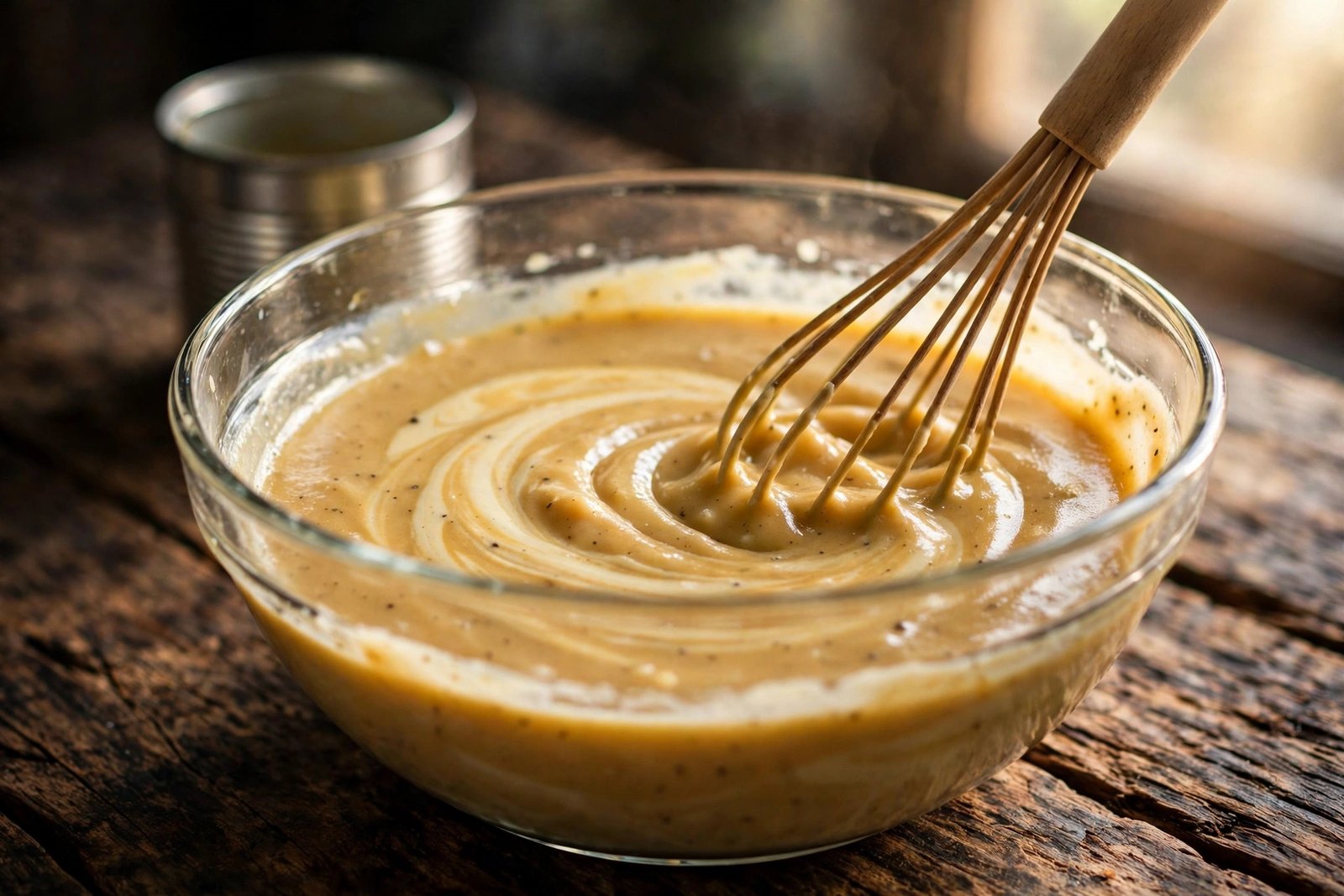 Creamy golden gravy mixture being whisked smooth in a glass bowl