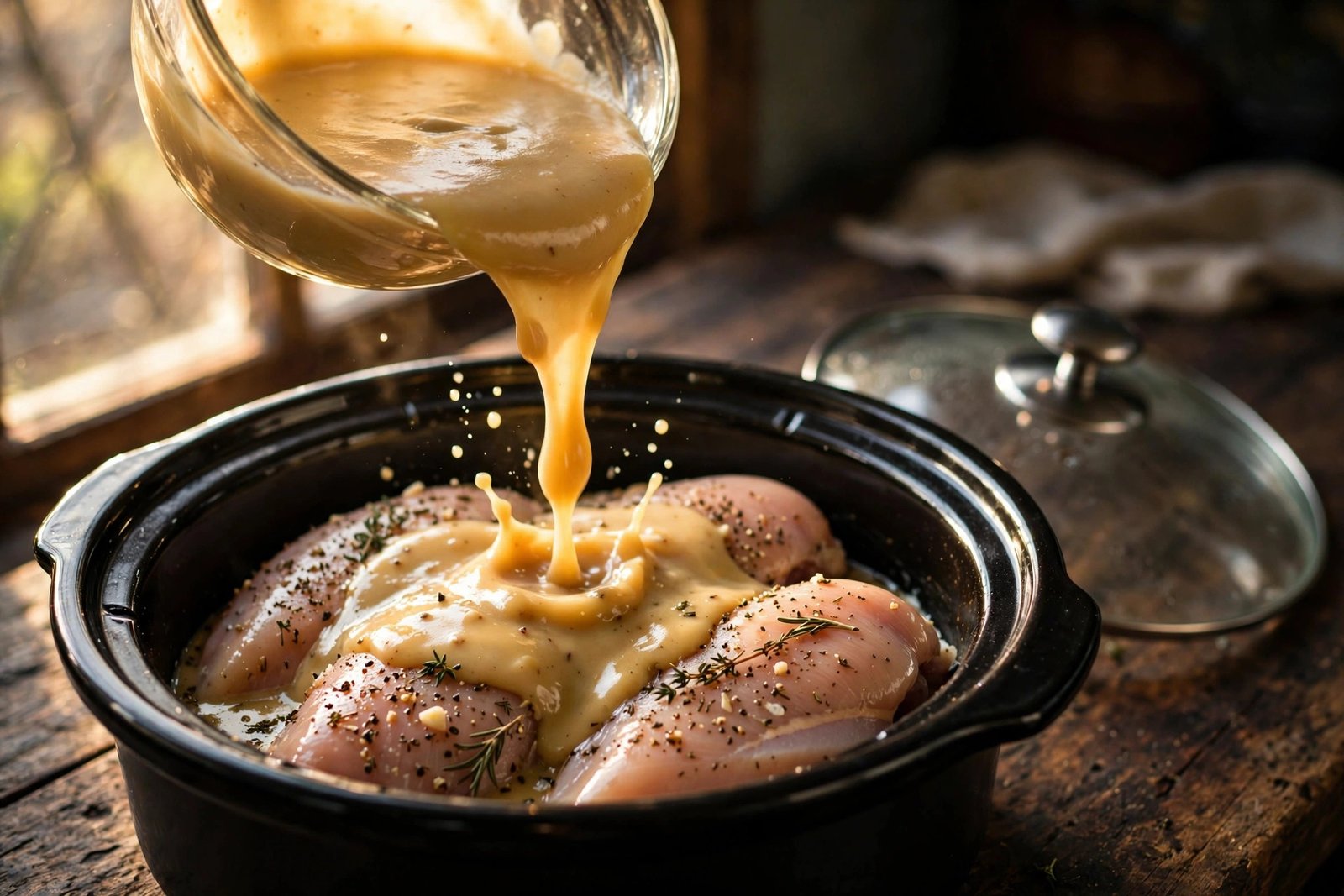 Golden gravy being poured over seasoned chicken breasts in a slow cooker crock