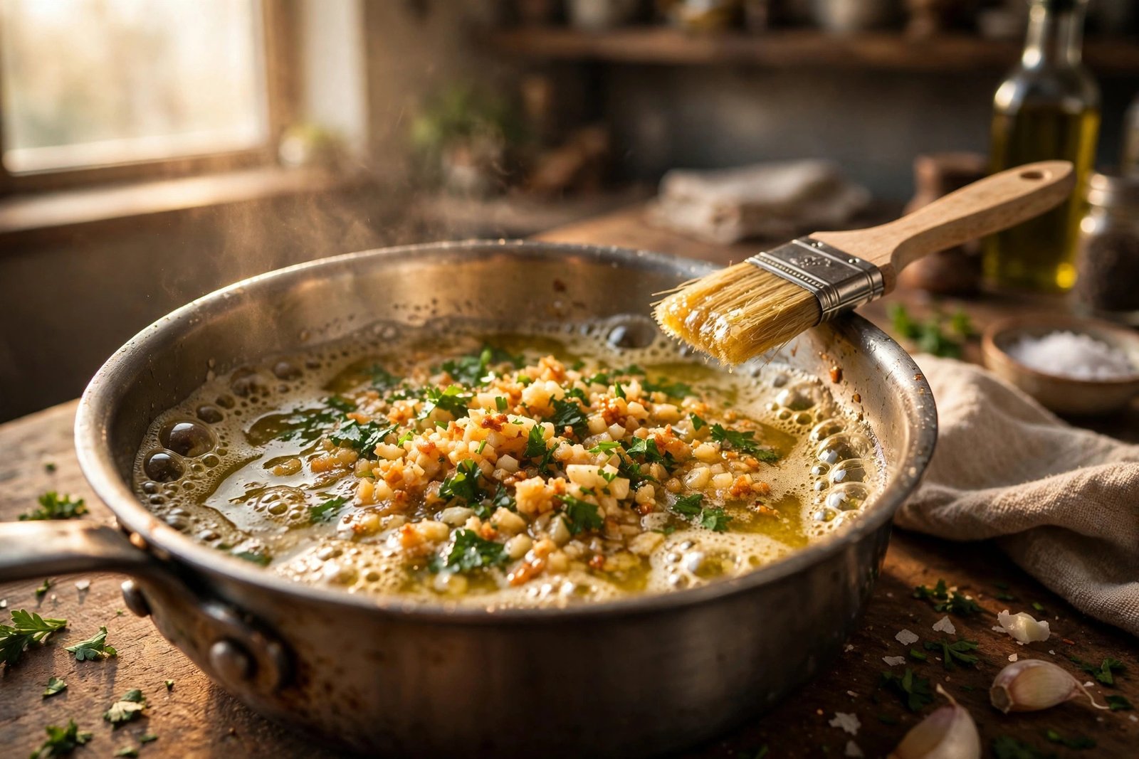 Bubbling garlic herb butter with minced garlic and parsley in a saucepan with a pastry brush