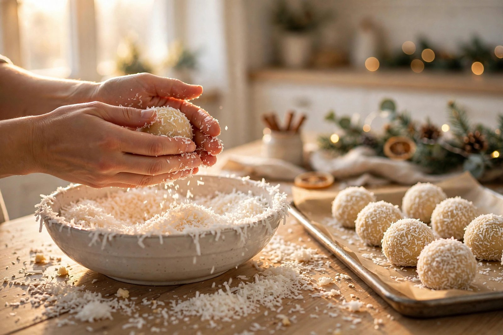 Hands rolling cookie dough balls in shredded coconut beside a tray of coated dough balls