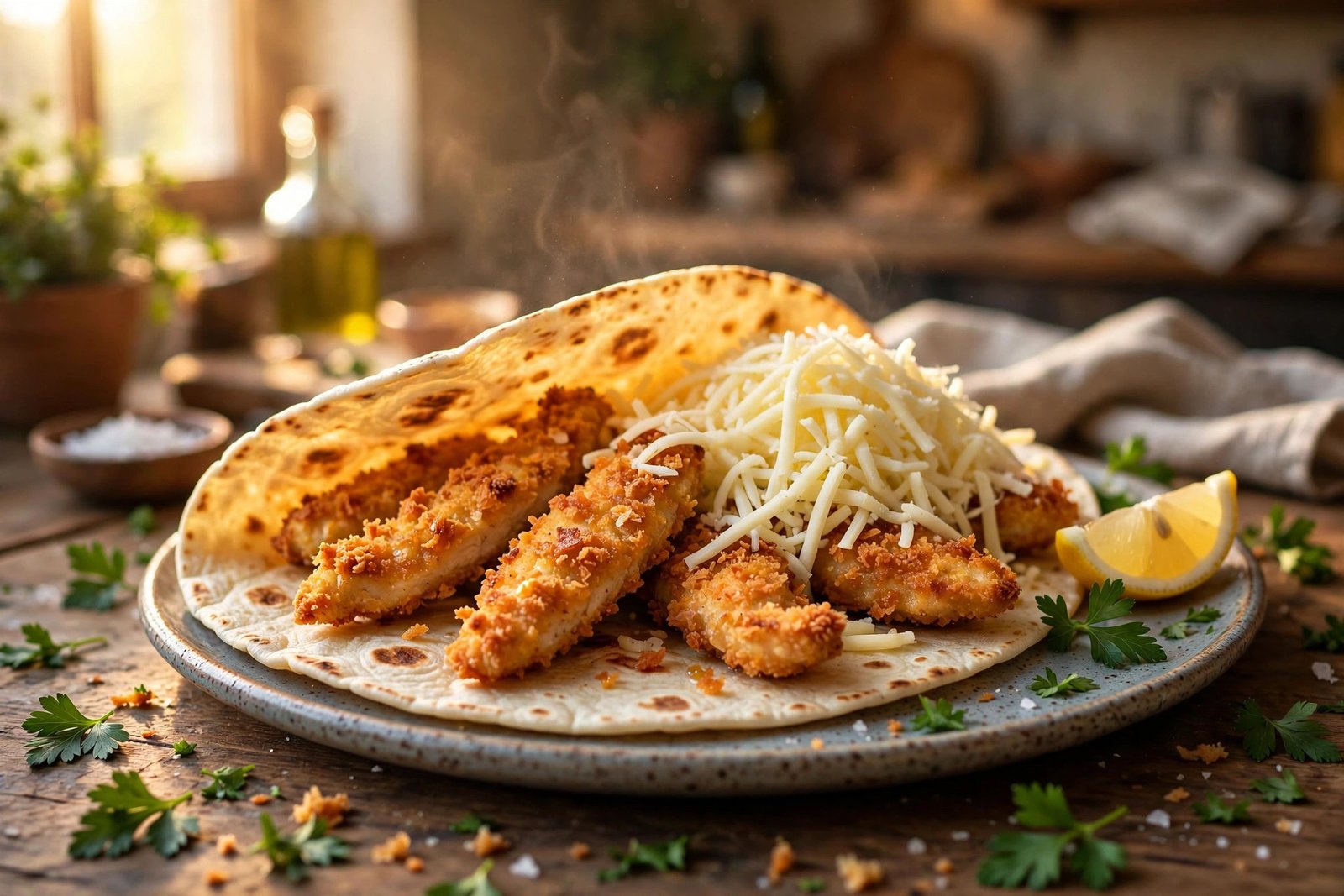 Warm flour tortilla layered with crispy chicken strips and shredded mozzarella cheese with a lemon wedge