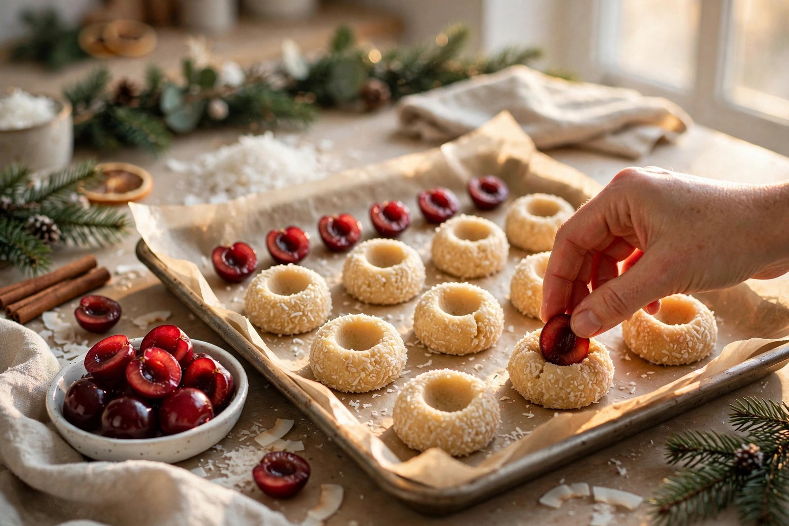 Placing glossy glace cherry halves into thumbprint indents on coconut-coated cookie dough