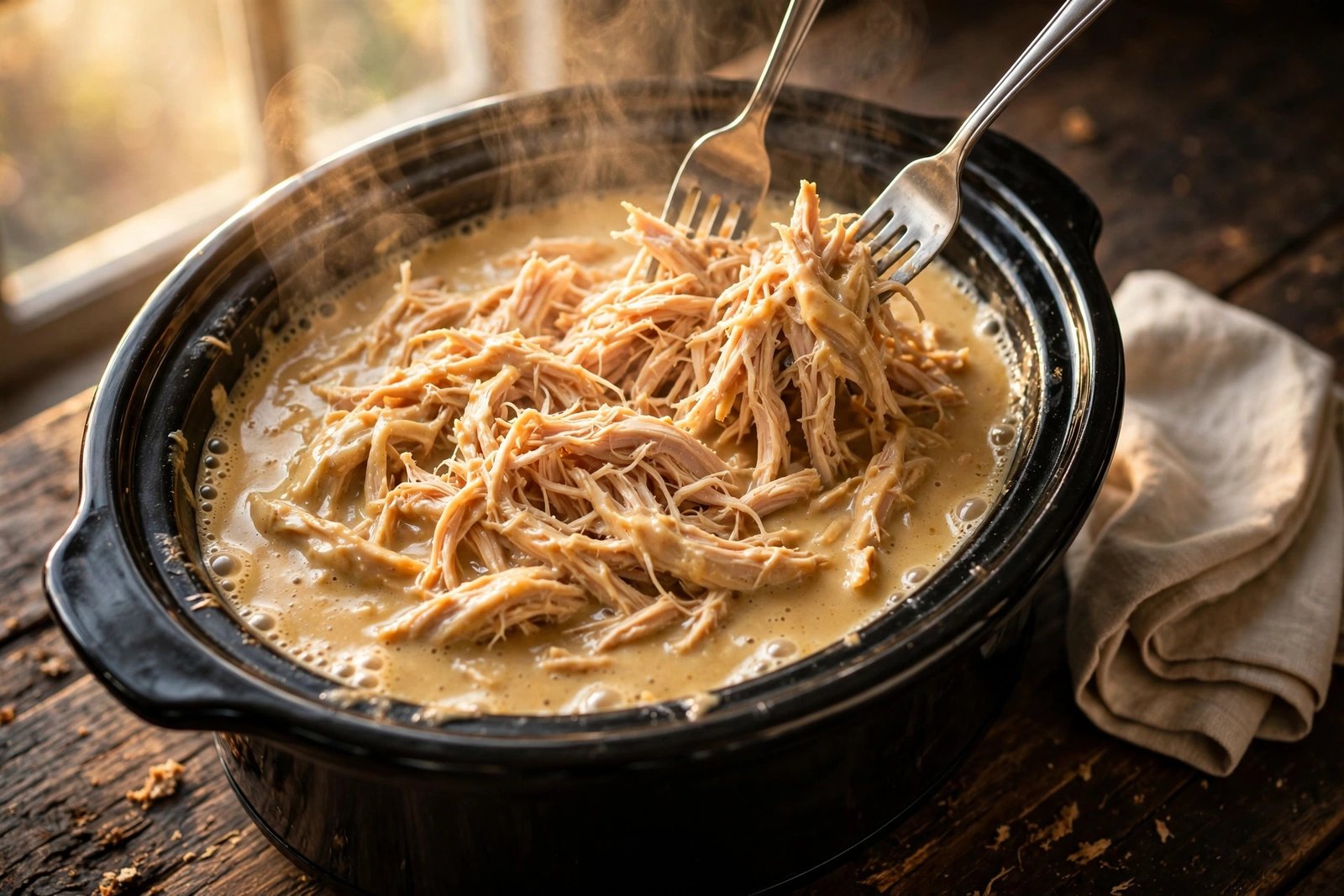 Two forks shredding fall-apart tender chicken in creamy gravy inside a slow cooker