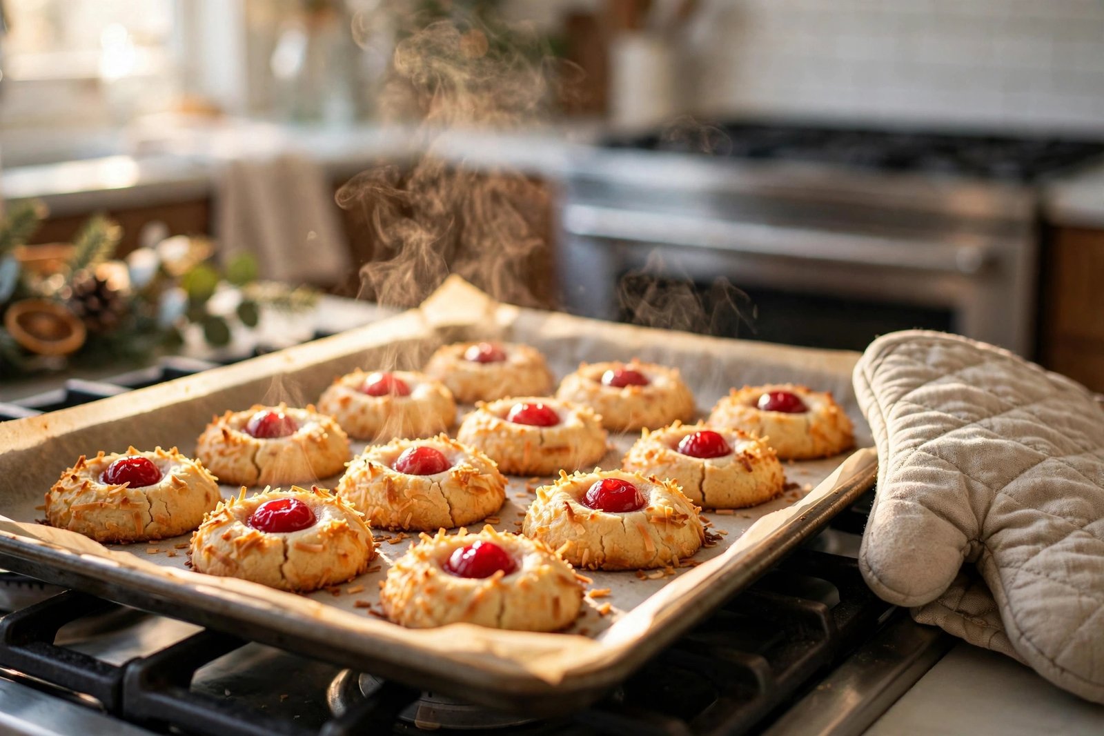 Tray of baked golden coconut cherry thumbprint cookies steaming fresh from the oven