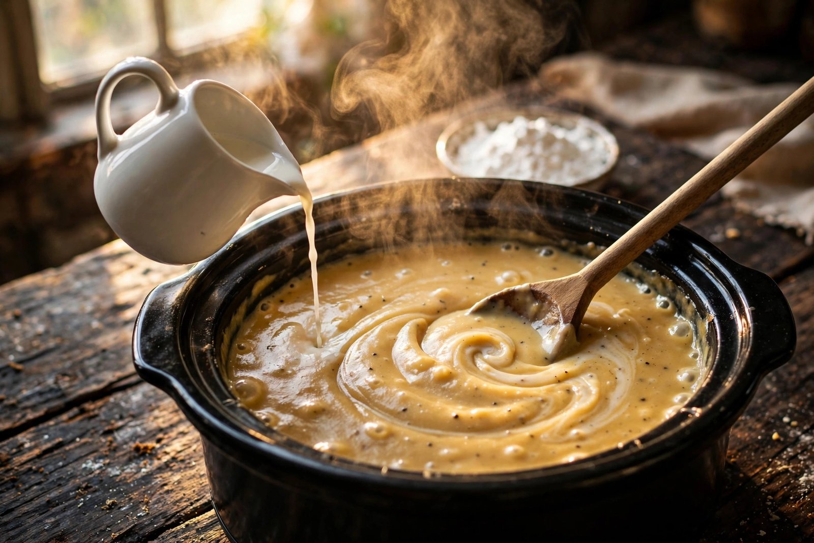 Cornstarch slurry being stirred into thickening golden chicken gravy in a slow cooker
